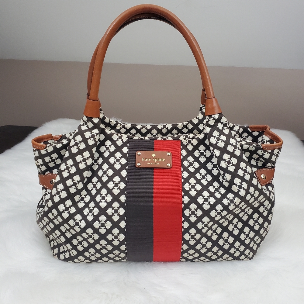 kate spade Black, White & Red Patterned Satchel with Tan Handles
